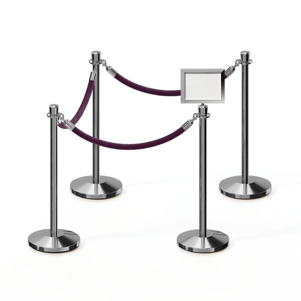 Montour Line Stanchion Post & Rope Kit PolSteel 4CrownTop 3Purple Rope 85x11HSign C-Kit-3-PS-CN-1-Tapped-1-8511-H-3-PVR-PE-PS